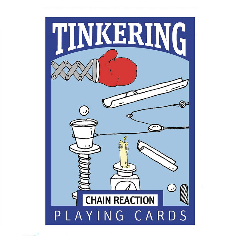 There is a light blue box with a dark blue border with six drawings illustrating the chain reaction. A red glove on a spring pushes a ball into a cup, a candle sits below and burns the string that holds the cup, and the ball falls.