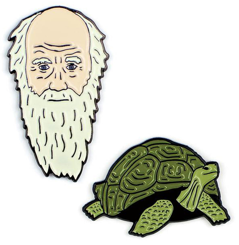 Two enameled pin set of Charles Darwin's portrait and the green Tortoise from the Galápagos Islands