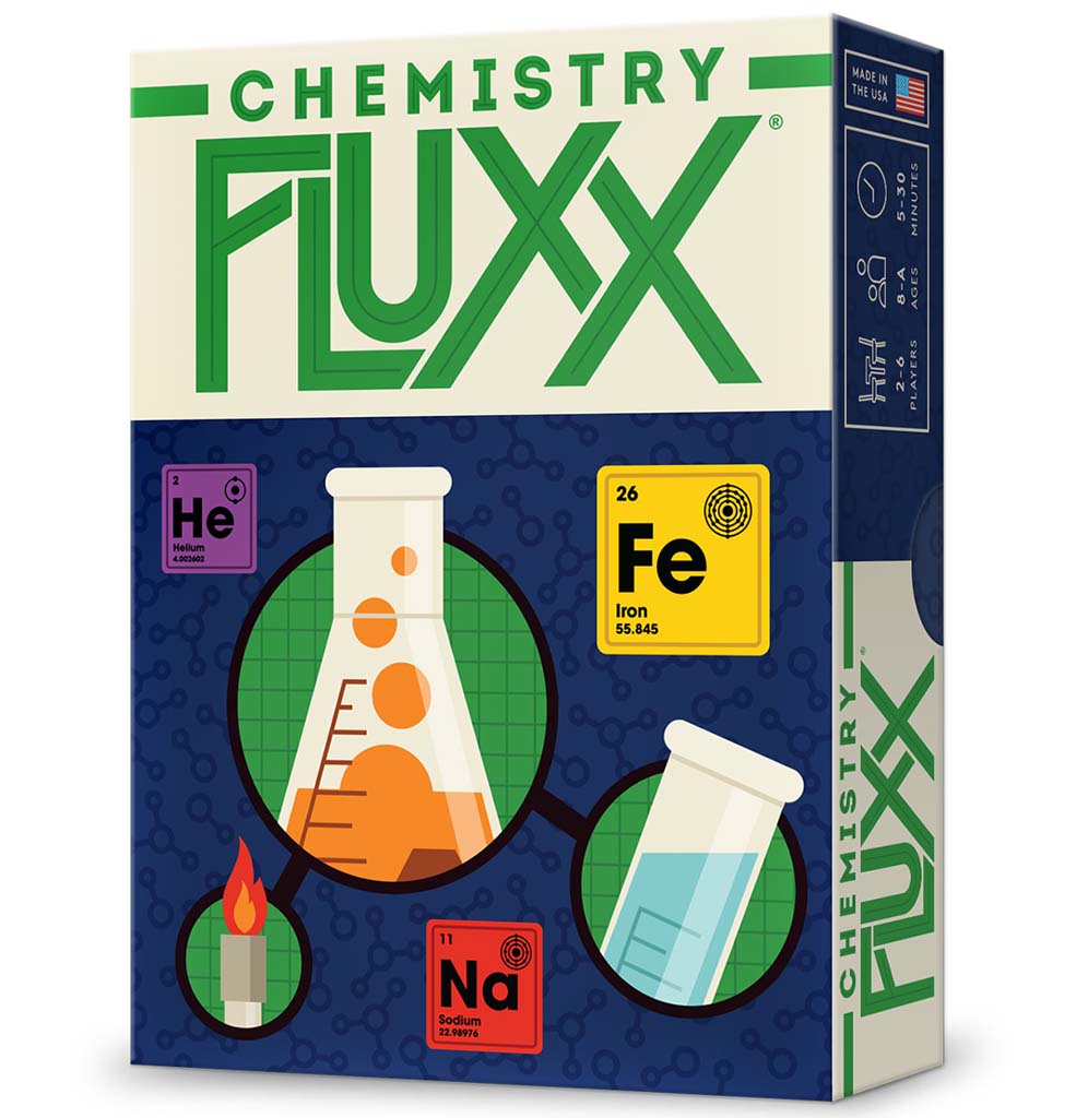 It is a blue and beige box with an illustration of elements from the periodic table, a chemistry flask, a testable, and a Bunson burner. The box is 5" x 3.75". 