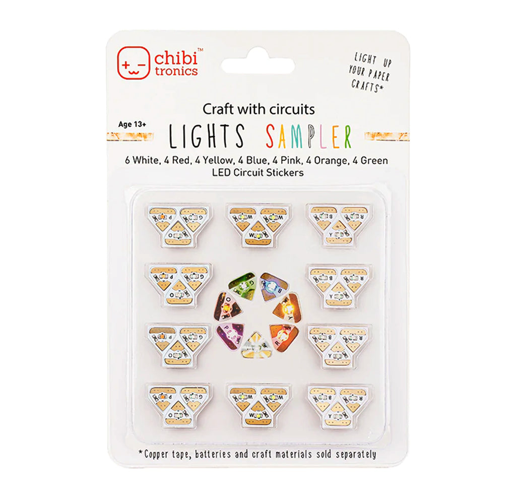 The packaging is white with a transparent cover to show the multi-colored LED stickers: there are ten sets of three stickers; seven LED stickers are in a circle, white, red, yellow, blue, pink, orange, and green.