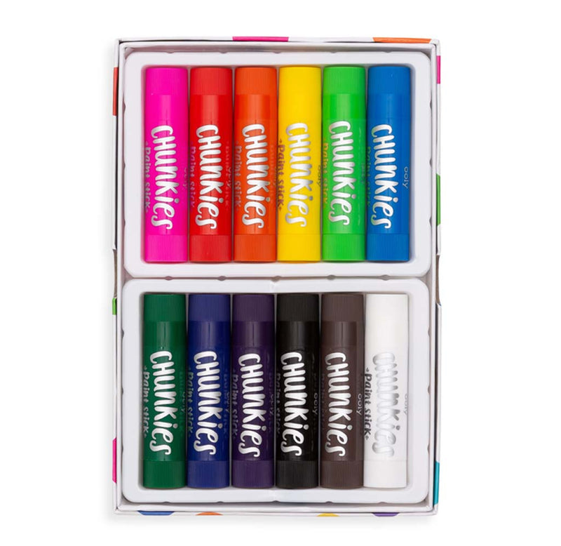 An open box displays the 12 different colored paint sticks. 