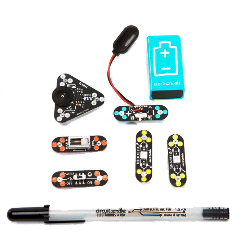 There are six circuit components, a battery and the circuit drawing pen.