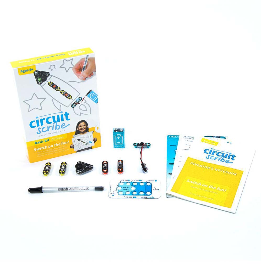 A white and yellow box, with a drawing of a rocket, the six circuit components, pen, circuit projects, and workbook.