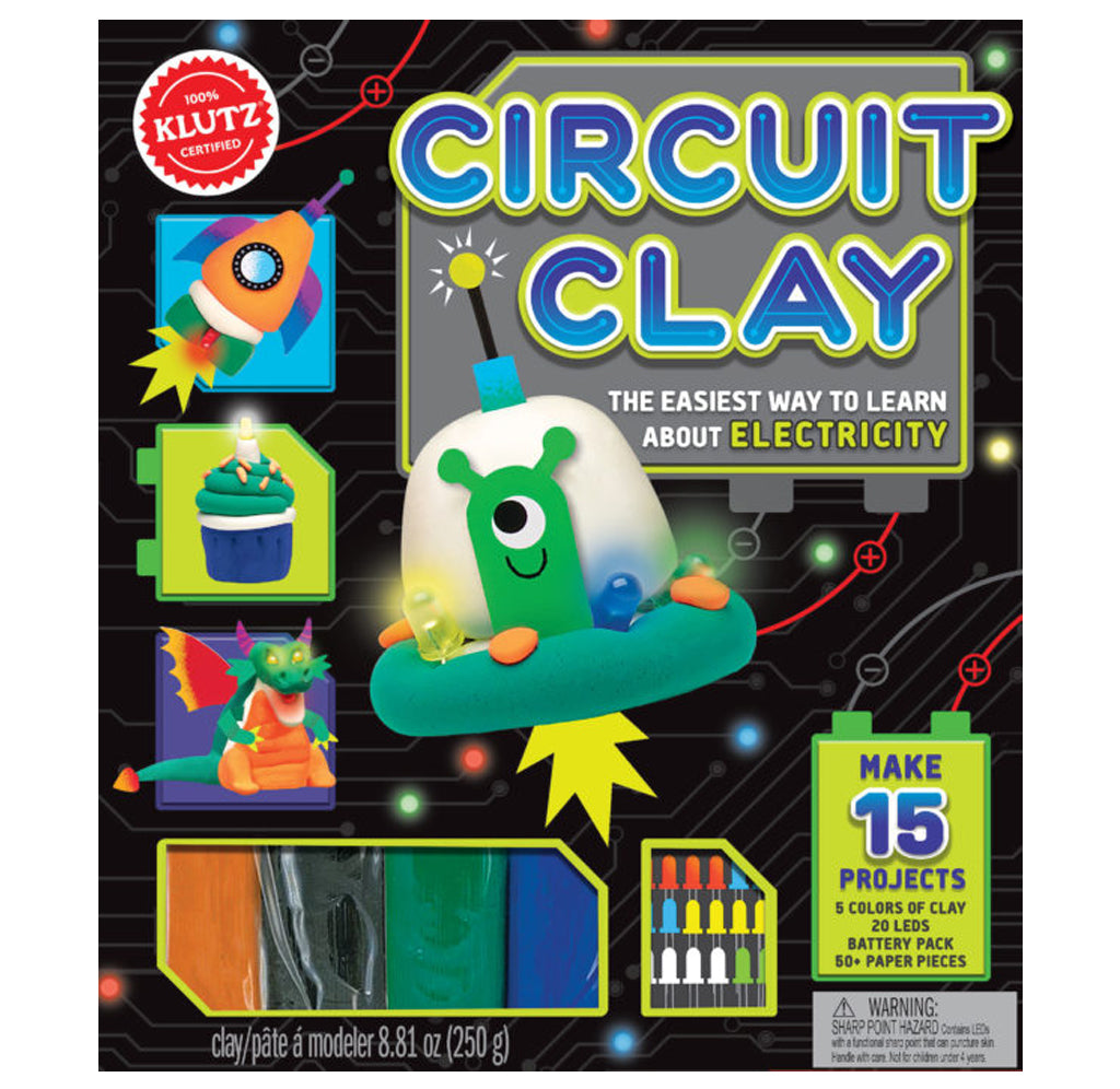  On the cover is a fun green alien in its spaceship with two LEDs brighty shining on the ship. There are samples of a rocket, cupcake, and dragon that can be made with the kit. A window at the bottom shows the clay colors.