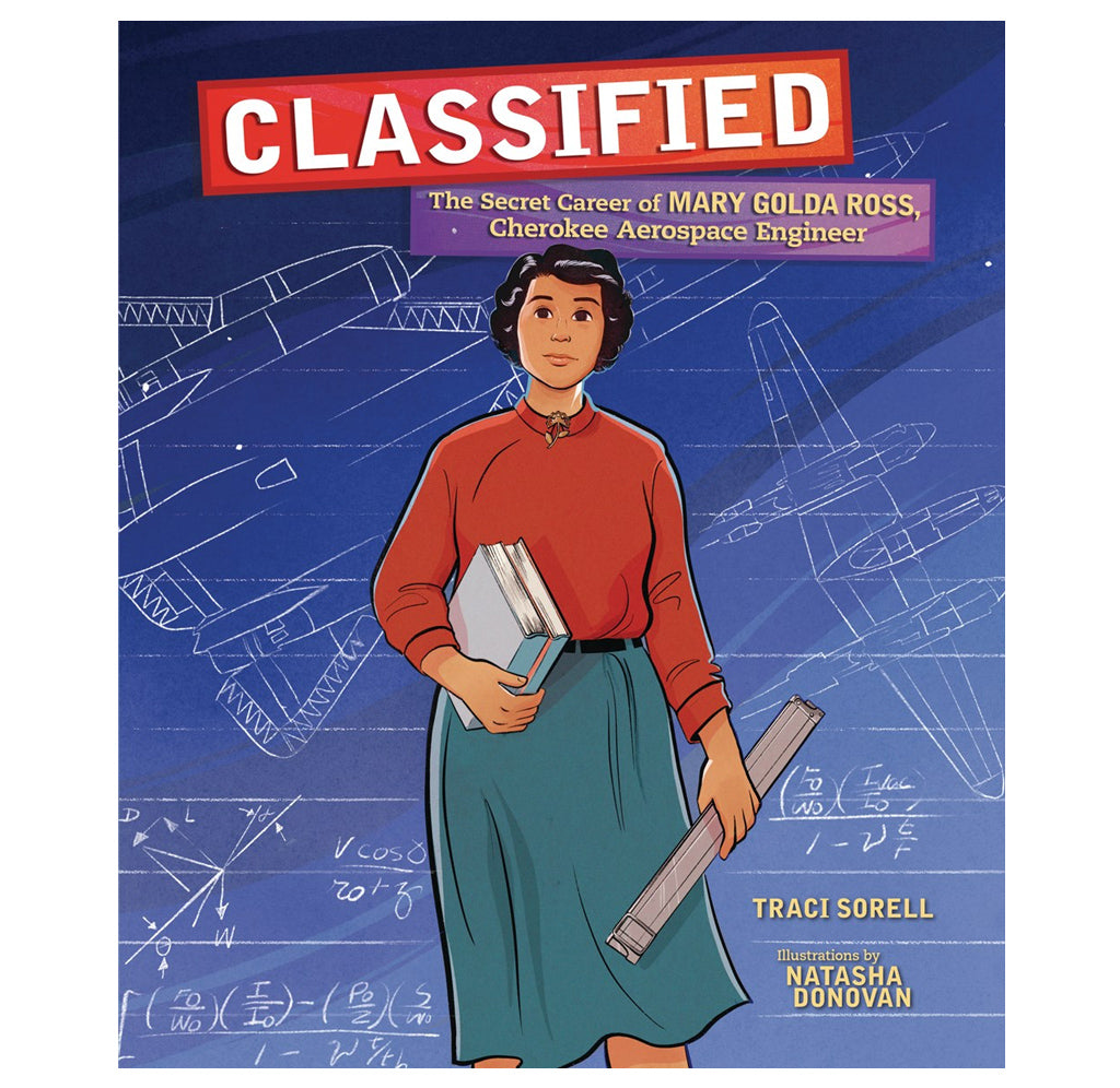 An illustration of Mary Golda Ross standing in front of the blueprints of the top-secret Aerospace Engineering projects she worked on.