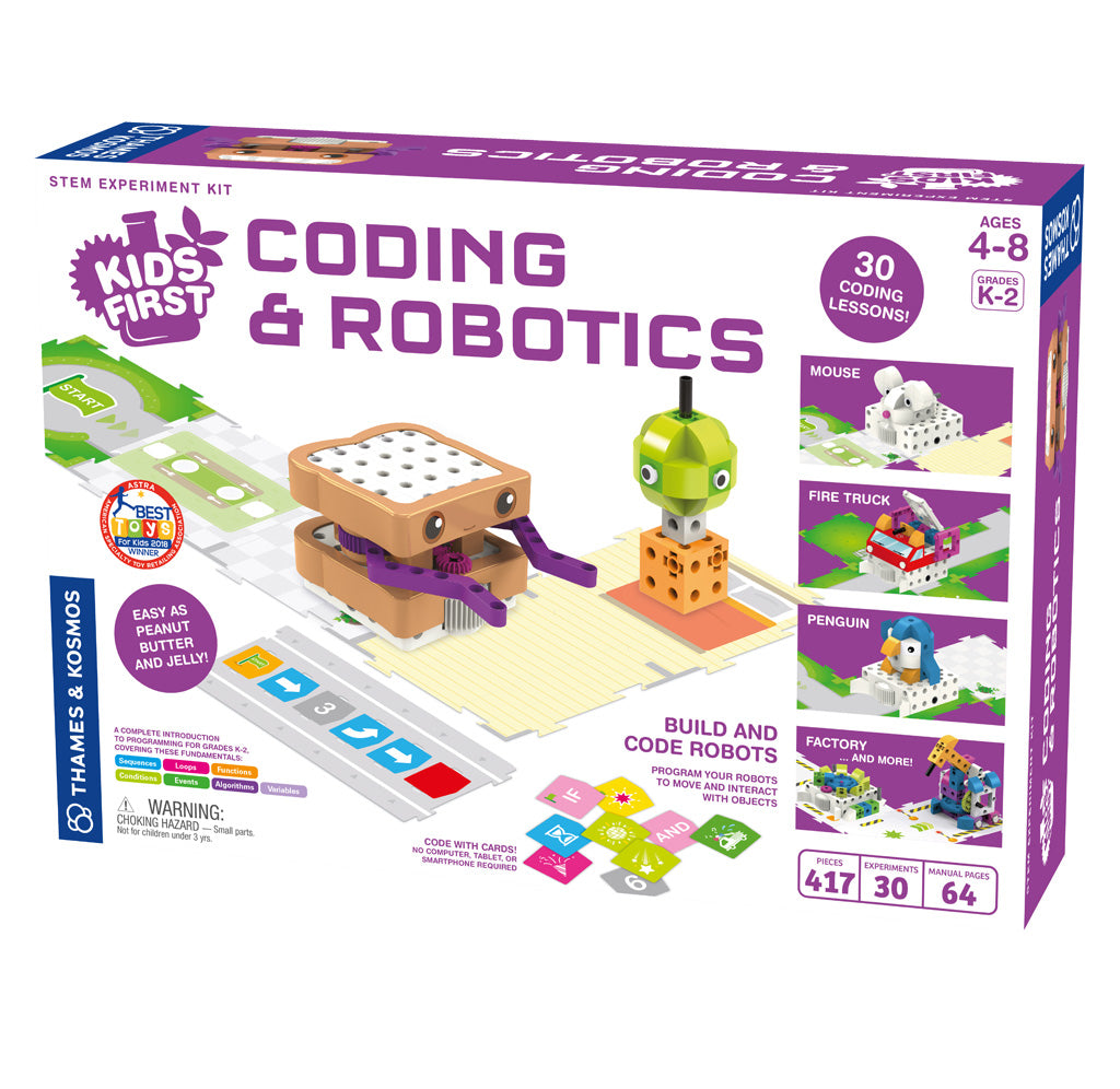 White and purple packaging. A robotic sandwich is moving through the track.  Characters built with the kit, a mouse, a firetruck, a bird, and soccer players are on the front right panel.