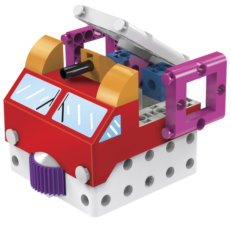 A red, purple, yellow, blue, and white firetruck coding robot.