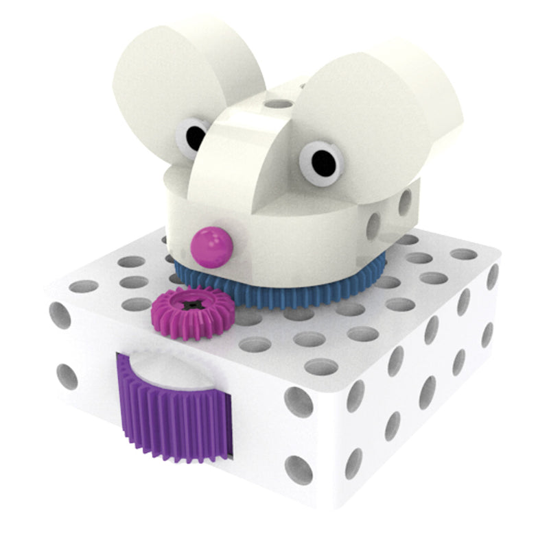 The white mouse coding robot sits on top of white cheese.