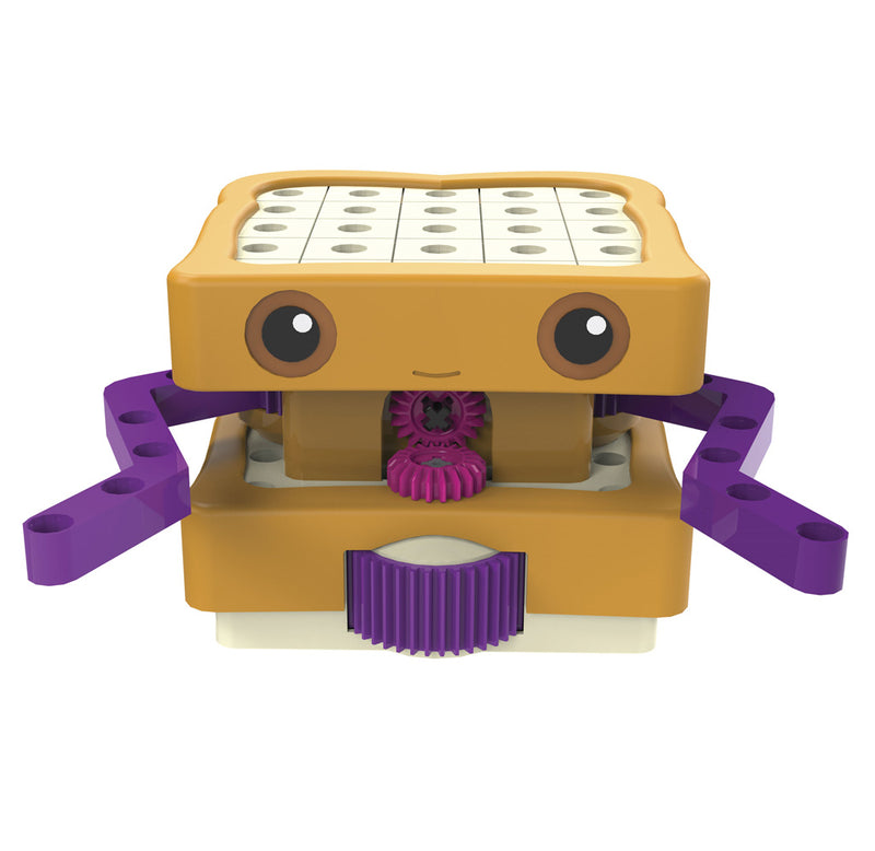 The sandwich coding robot sits facing forward with two purple arms, two eyes, and brown crust borders around the top and bottom.