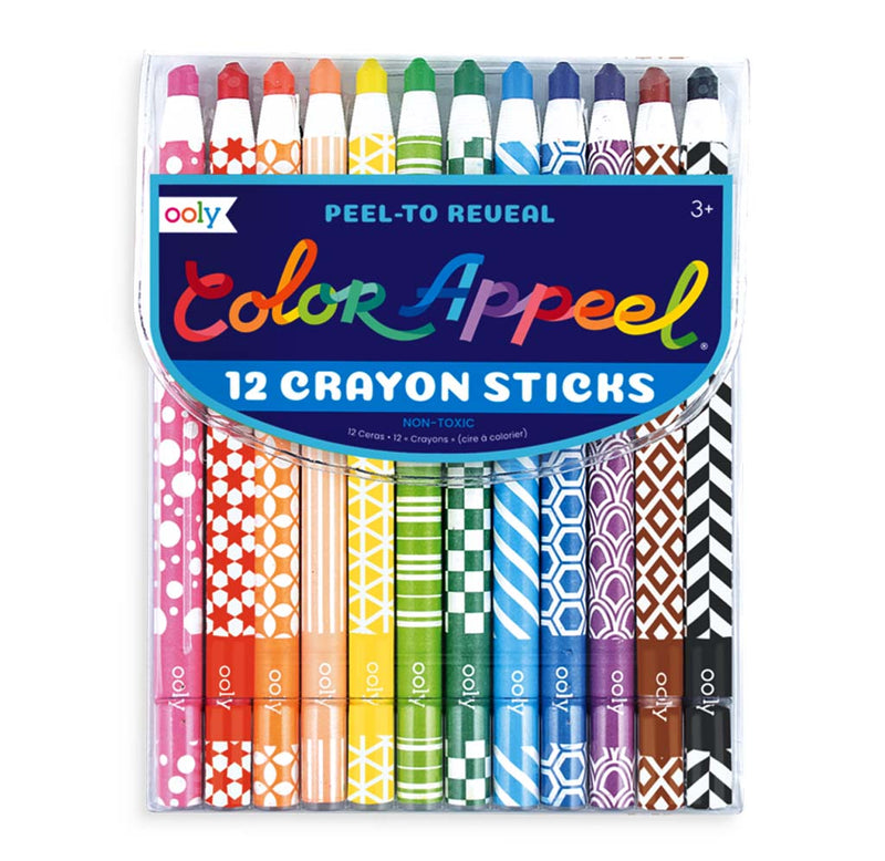 A clear case of 12 different colored appeal crayons with flip-down flap.