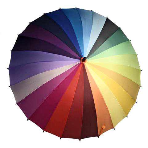 Top view of an umbrella in all the colors of a color wheel