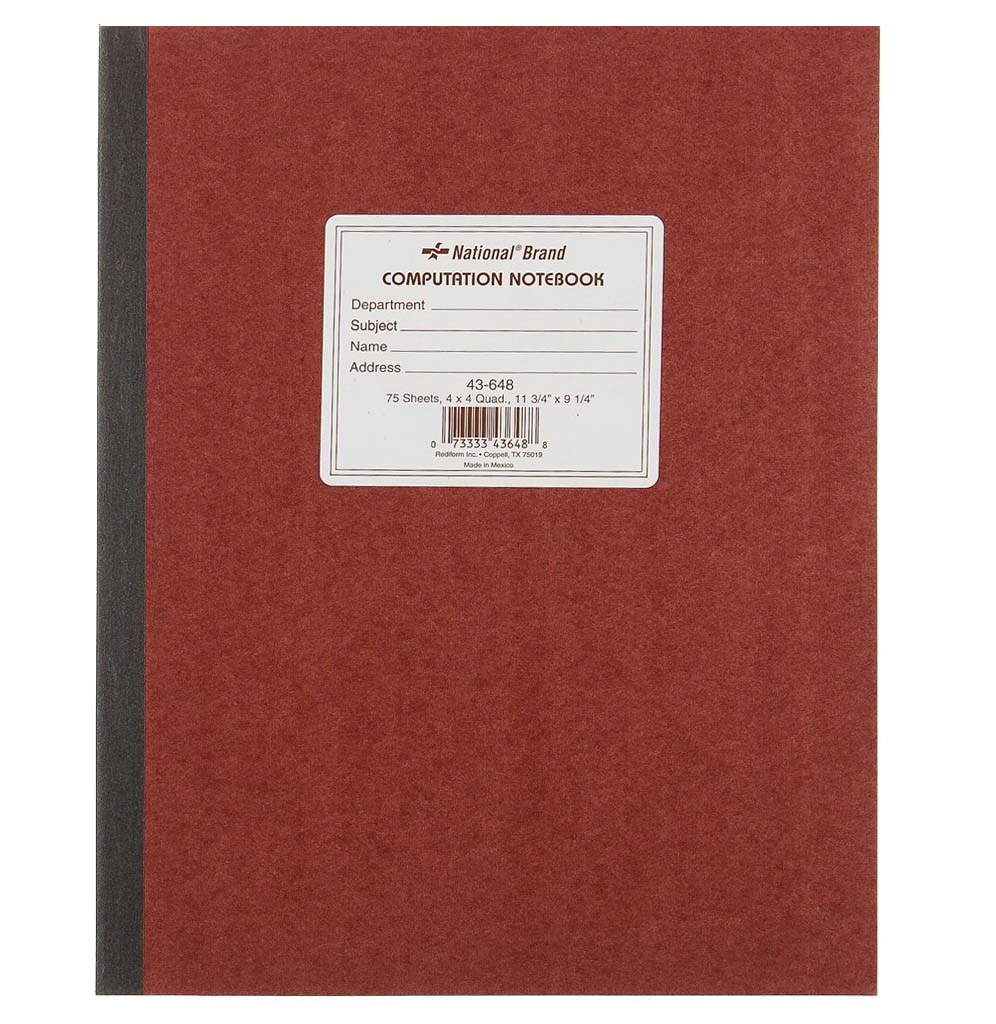A deep red soft cover computation notebook with a black spine.