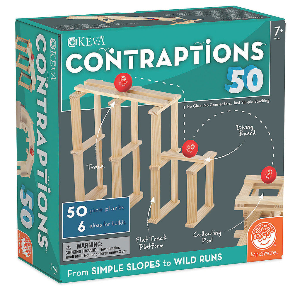 The Contraptions 50 box is green, blue and gray with the contraptions planks set up as a platform for the ball to roll, bounce, and drop into a basket.