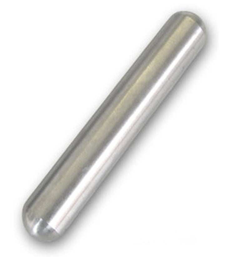 A narrowly oblong-shaped silver-colored magnet sits on top of a white background.