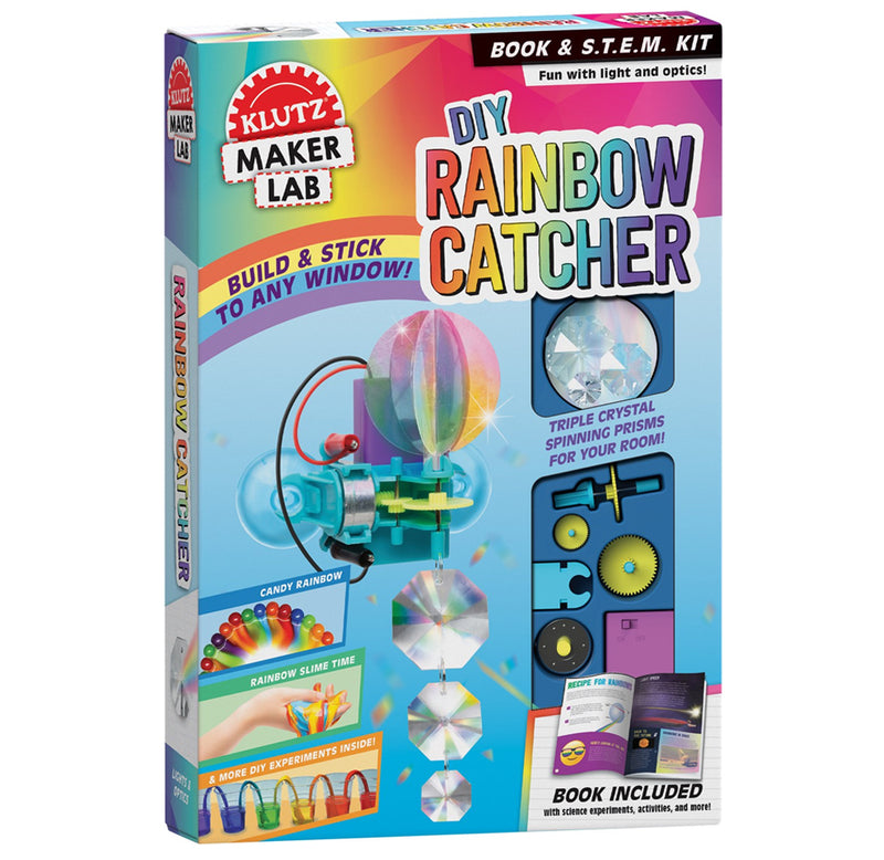 Blue box with an image of the rainbow maker; a  window cut out on the right side shows the parts to make the rainbow maker. On the left are two DIY experiments, candy rainbow and rainbow slime time.