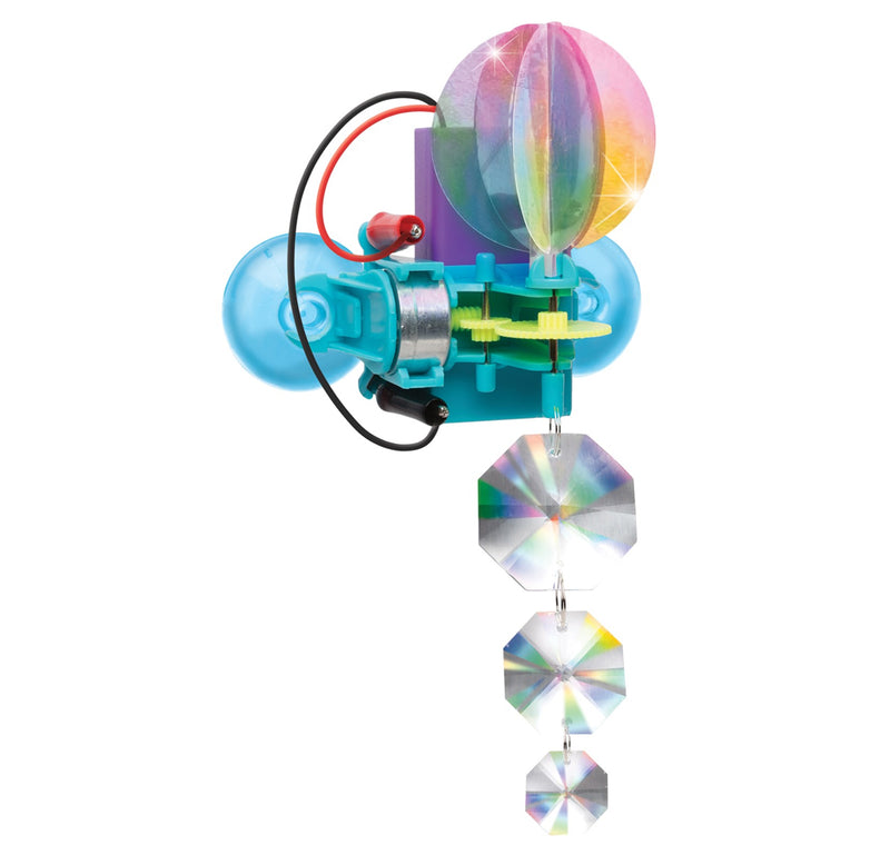 The motorized mechanism is a fully built rainbow maker at the top with three varying-sized crystals hanging down below.