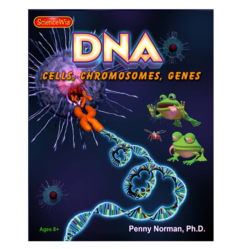 A navy blue box features an illustration of a cell with chromosomes and DNA projecting out of it. Two frogs sit to the right.