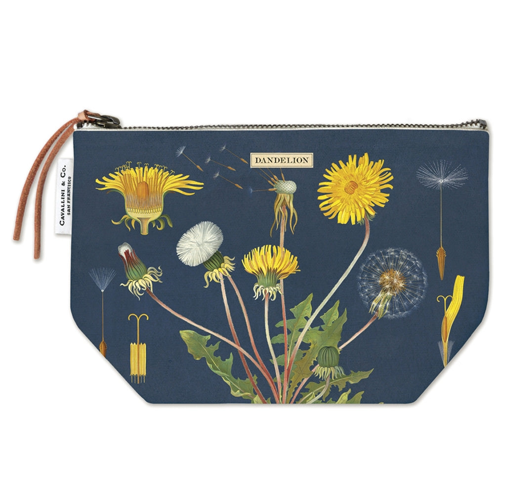 The pouch is dark blue with a dandelion plant in different growing cycles, from yellow blooms to various stages of the white dandelion seeds forming to finally being blown away with the wind.