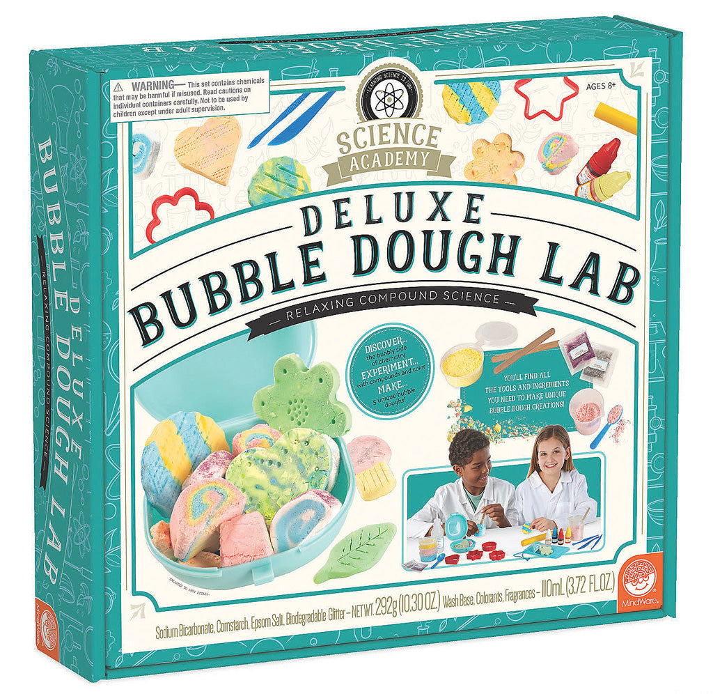 Turquoise blue and white box. Close-up image of different shaped bubble dough and two children are experimenting with the kit.