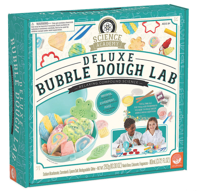 Turquoise blue and white box. Close-up image of different shaped bubble dough and two children are experimenting with the kit.