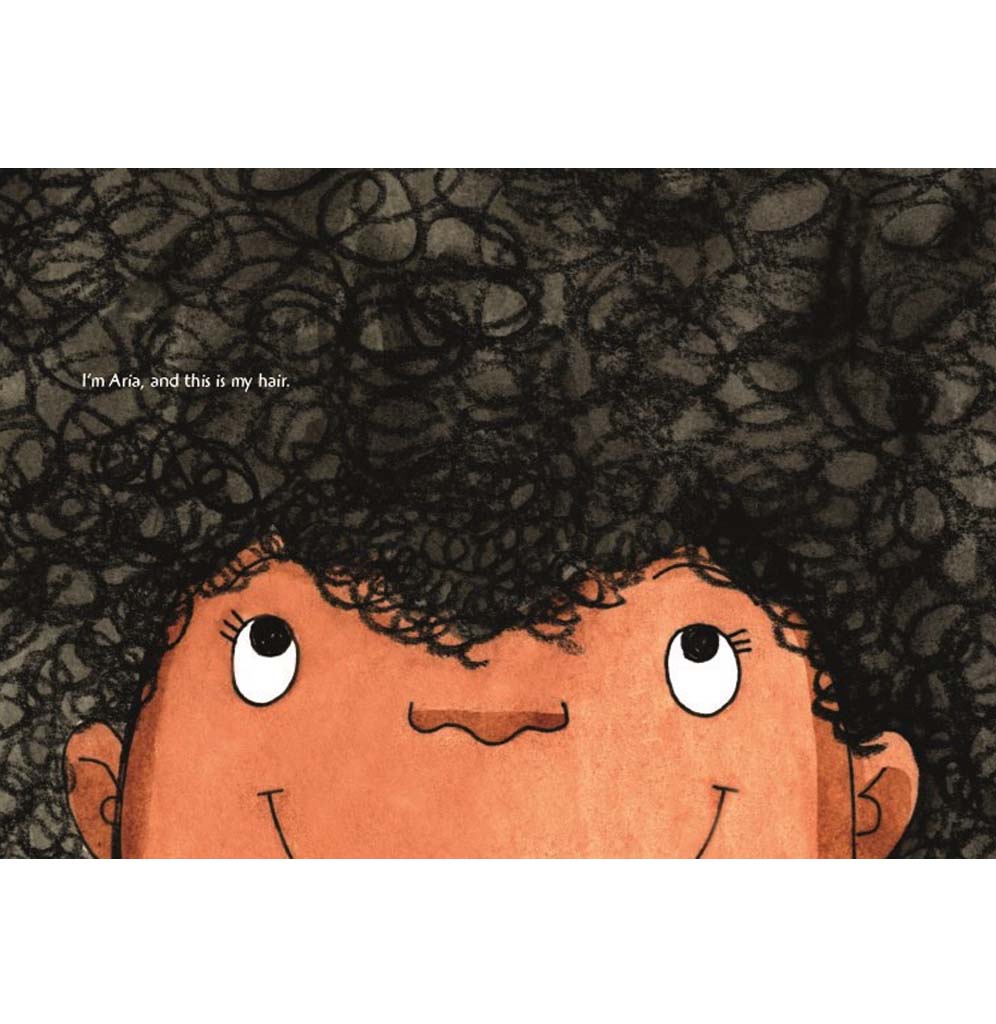 This is a close-up illustration of a young girl's many curls of hair looking up toward her curls.