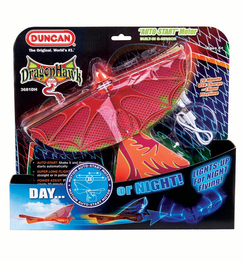 A red dragon hawk toy sits on a black background incased in clear plastic packaging.