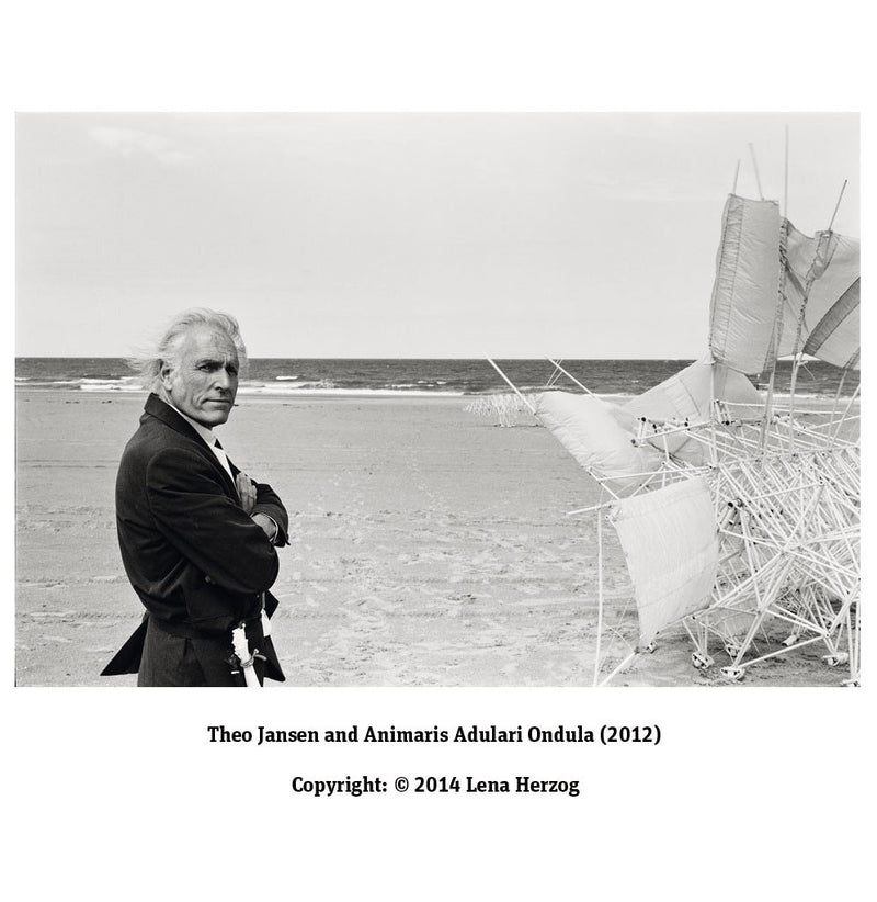 A layout page from the book of a black and white image of Theo Jansen next to one of his Strandbeest creations.