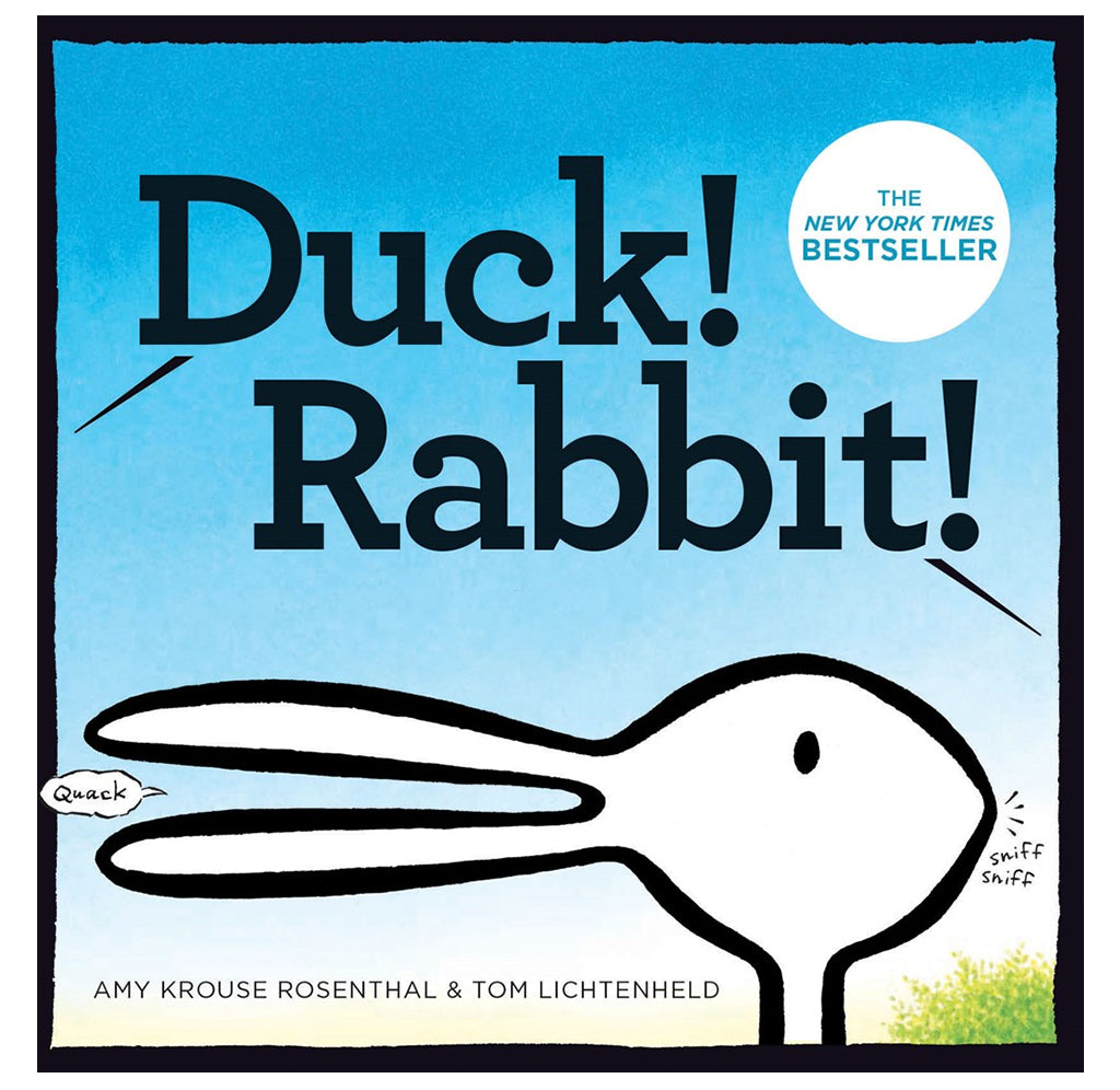 A blue and white book with a white optical illusion looks like a duck or a rabbit on the bottom. Above the words Duck! Rabbit! is in black text.