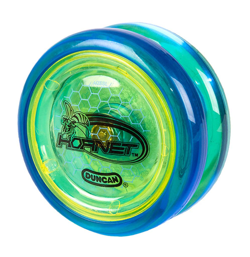 A yo-yo with a yellow center and blue on the outside rim; a  yellow & black hornet bee and word hornet are on the face.