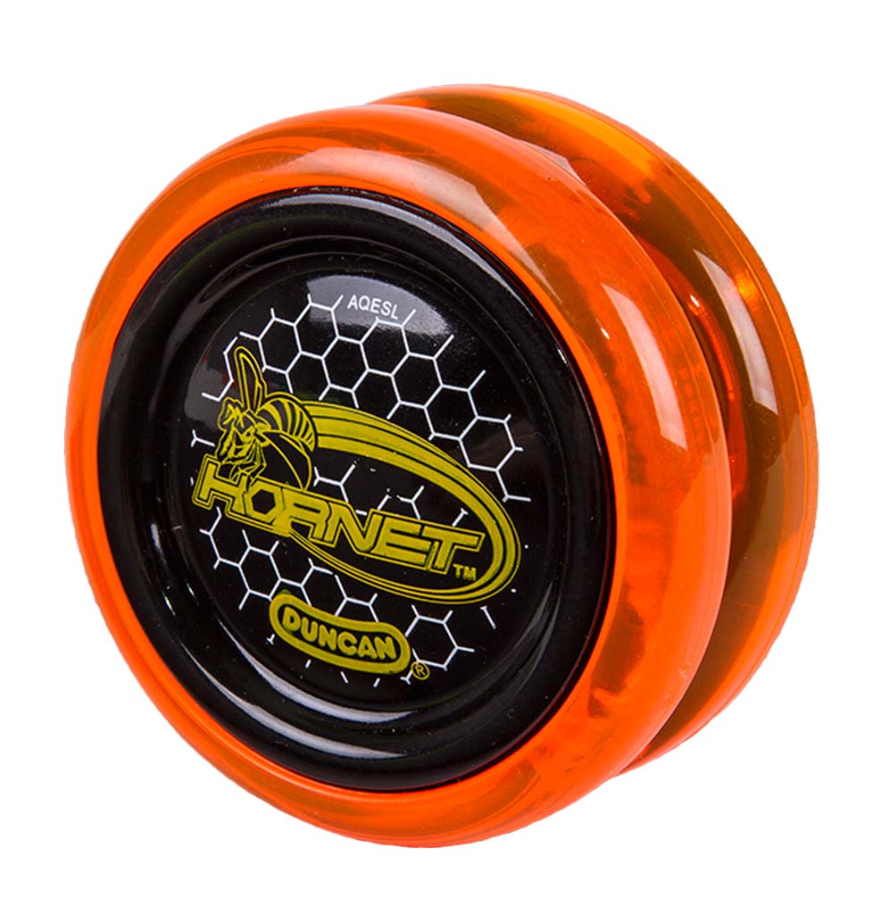 A yo-yo with a black center and orange on the outside rim; a  yellow & black hornet bee and word hornet are on the face.