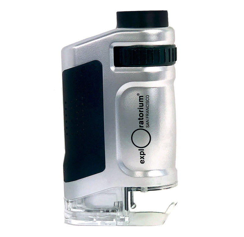 The pocket microscope is 3" x 5" and fits easily in your hand. The image is a side view of the microscope. It is silver and black with a clear plastic bottom where the slide fits into.
