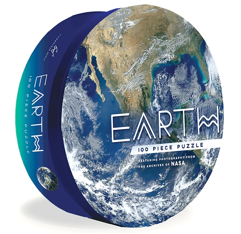 NASA image of the Earth in a circular package design facing to the right. 