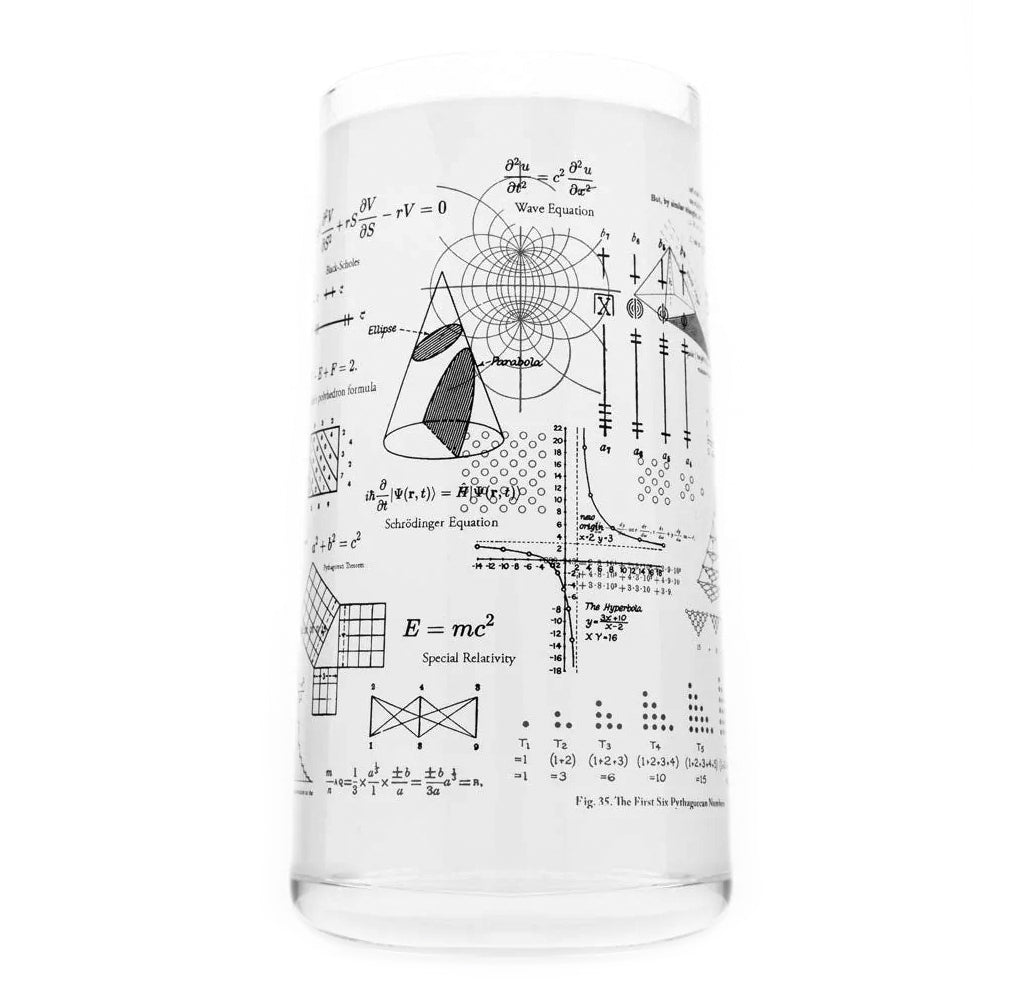 A clear 18oz glass with different math equations in black ink all around the surface.