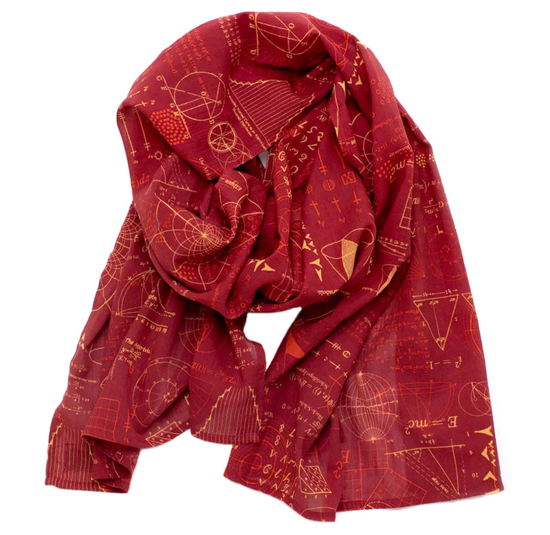  A deep red scarf with mathematical equations in yellow.