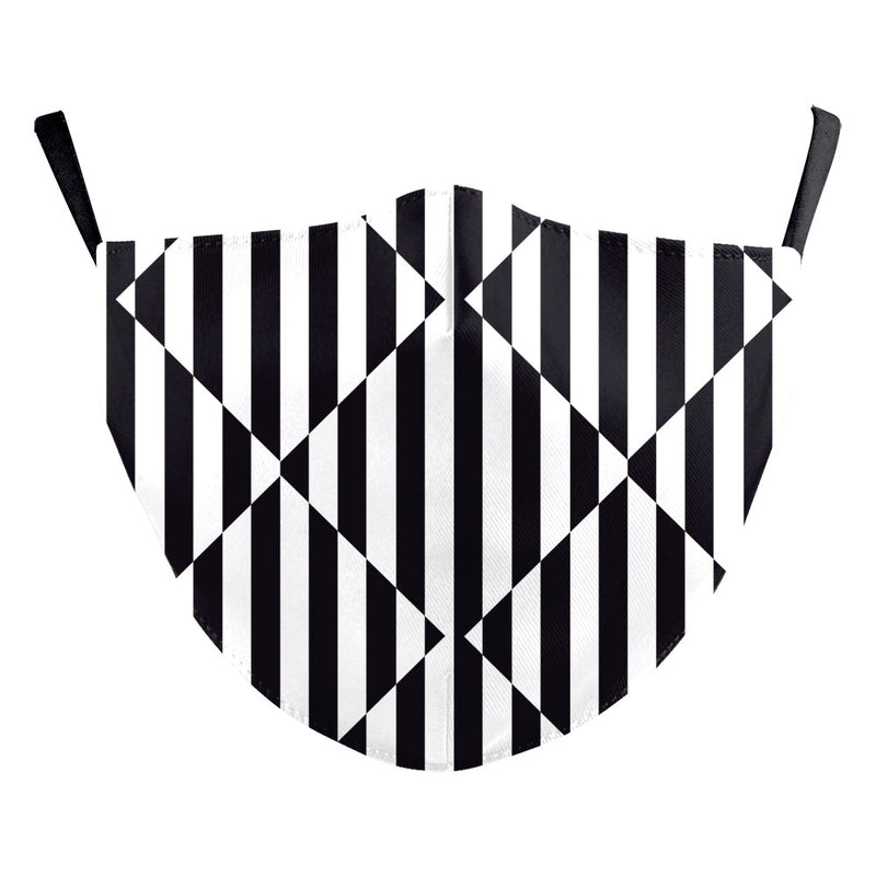 Black and white double diamond optical illusion face mask.