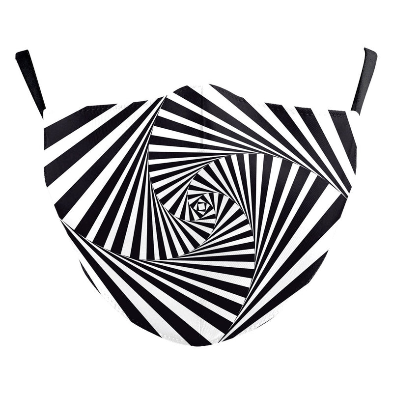 A black and white face mask with a time warp optical illusion design.