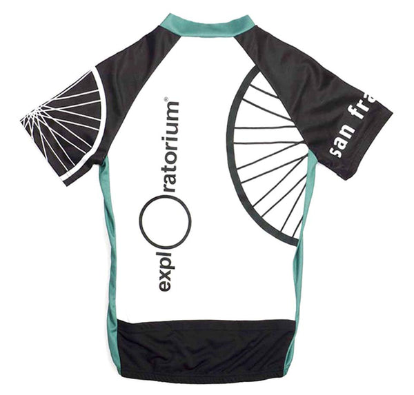 White, black, and green bike jersey. Exploratorium printed up the front with bike wheel illustrations in white and black. San Francisco on the right shoulder.