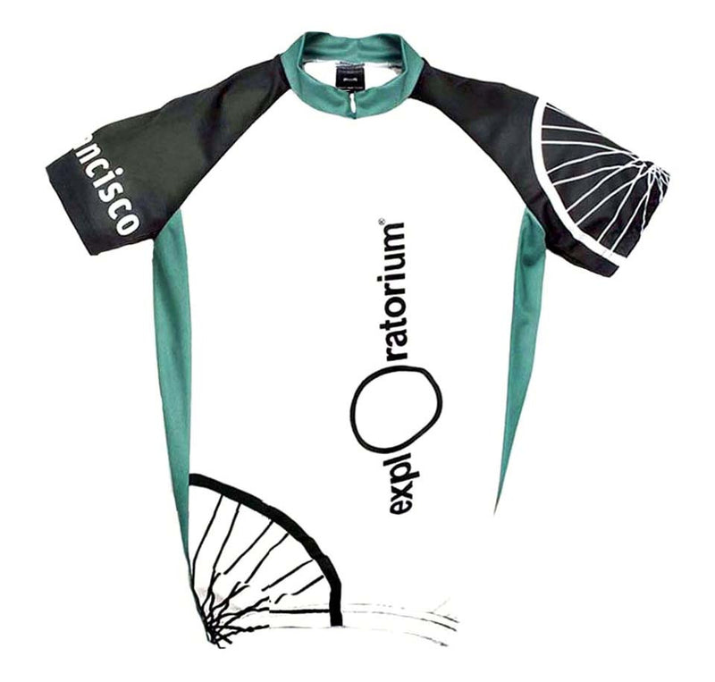 White, black, and green bike jersey. Exploratorium printed up the front with bike wheel illustrations in white and black. San Francisco on the right shoulder.