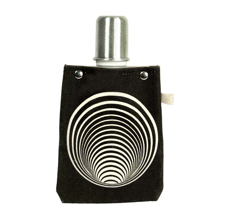 This is a black canvas flask with a wormhole optical illusion that continues to appear to move down into smaller circles. An aluminum shot glass sits on top.