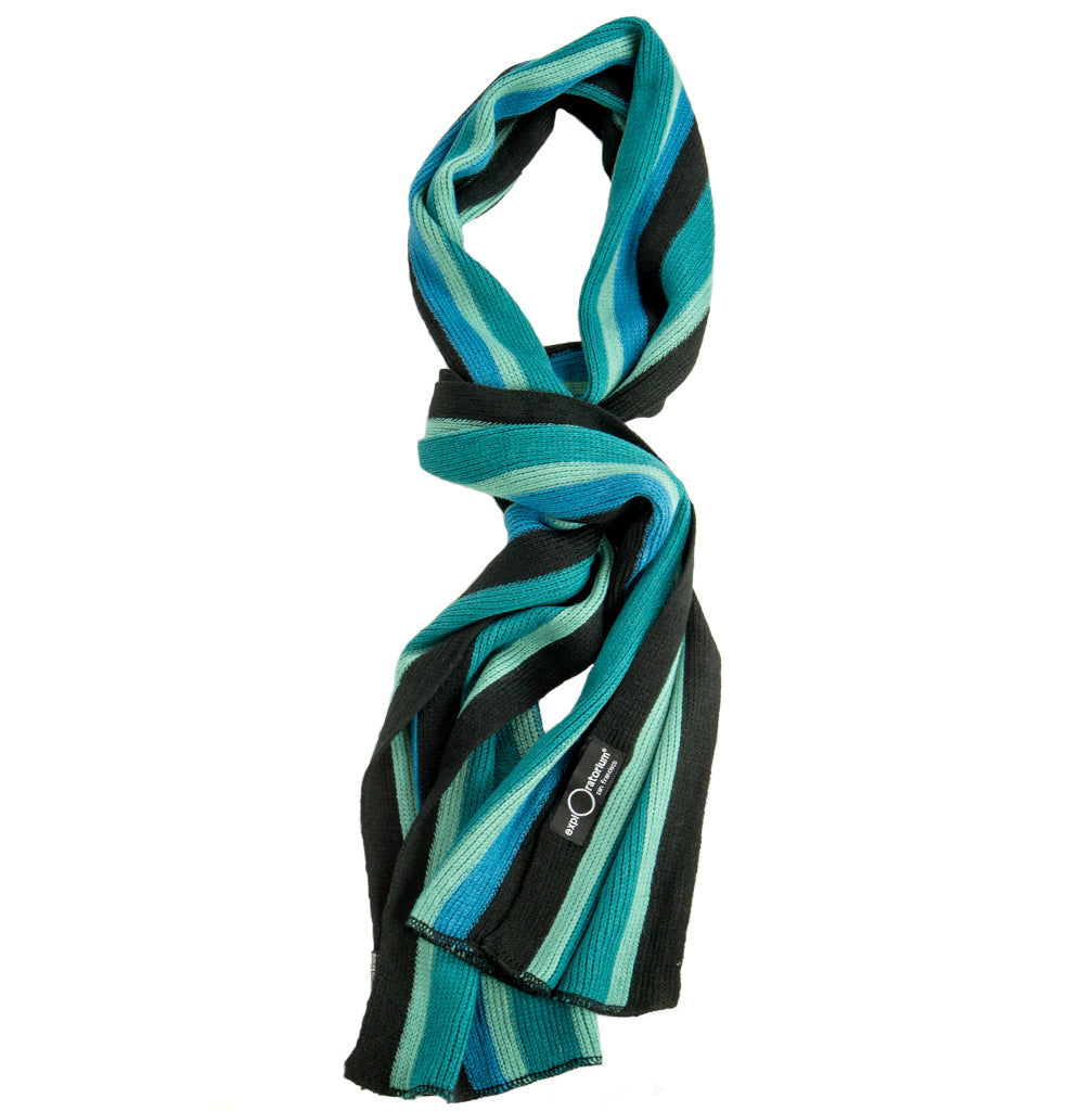Striped scarf of different shades of blue.