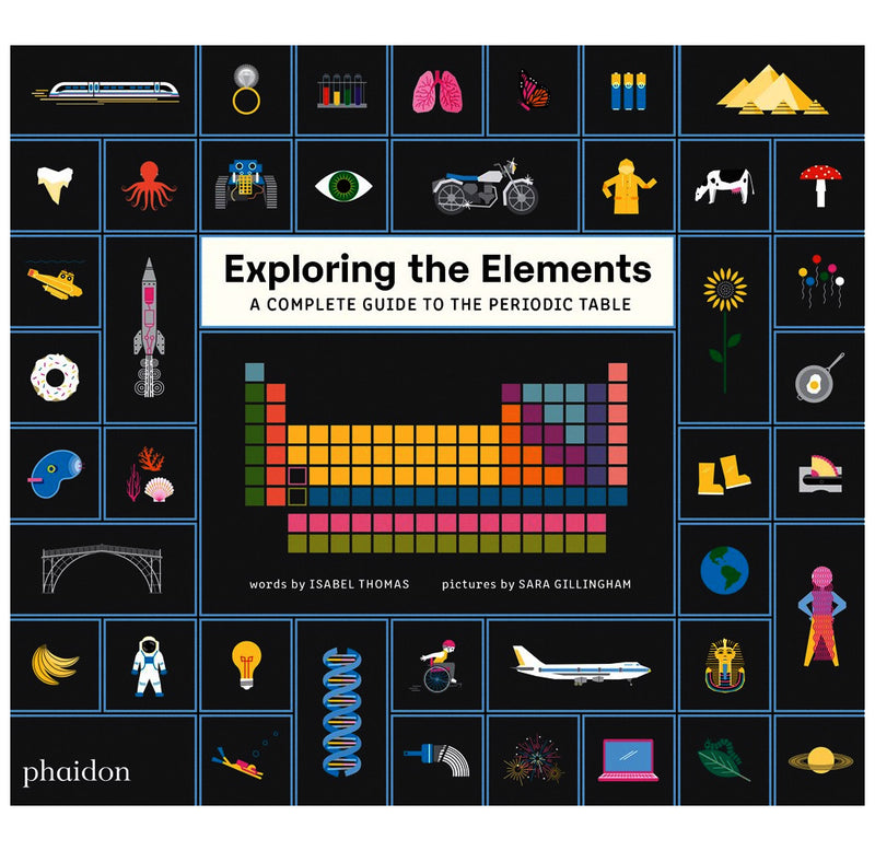 A hardcover book with a black cover, a grid design features little illustrations of elements such as a mushroom, pyramid, octopus, and an airplane. A periodic table sits in the middle of the page.