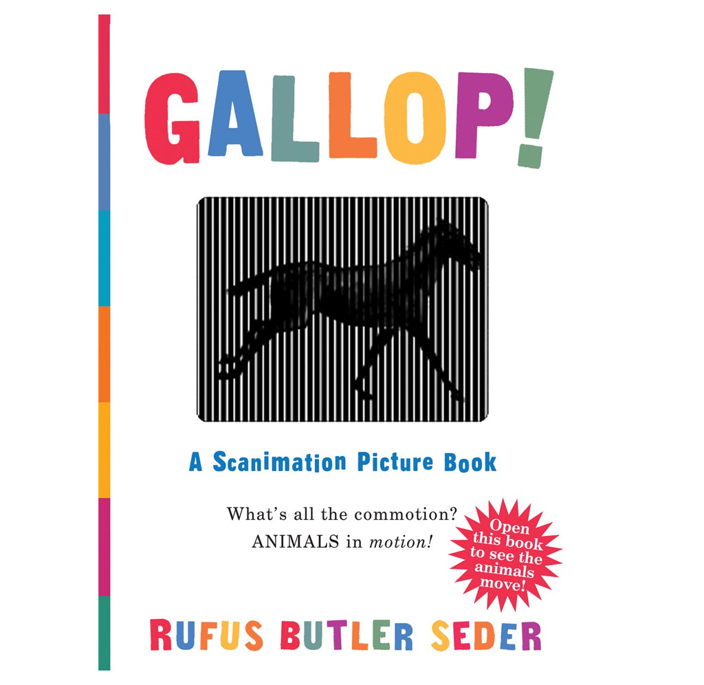 A white book with a black and white lenticular image of a horse that moves with the book. The book title Gallop! and the author's name are in different colored letters at the top.