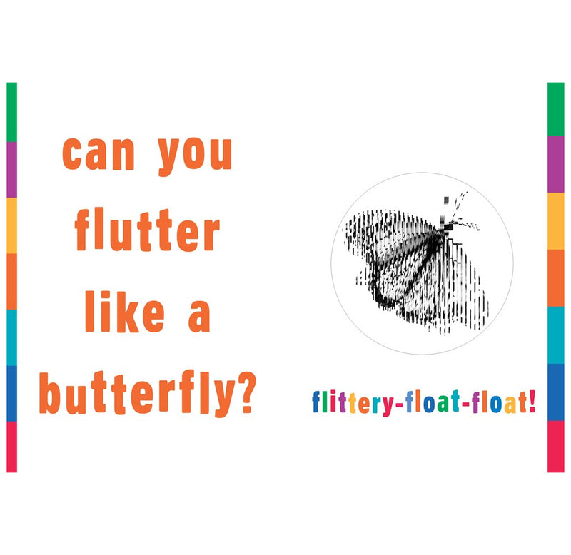 A white book layout page.  There is a black and white lenticular image of a butterfly in the right panel, and "Can you flutter like a butterfly? is written in orange letters on the right panel.