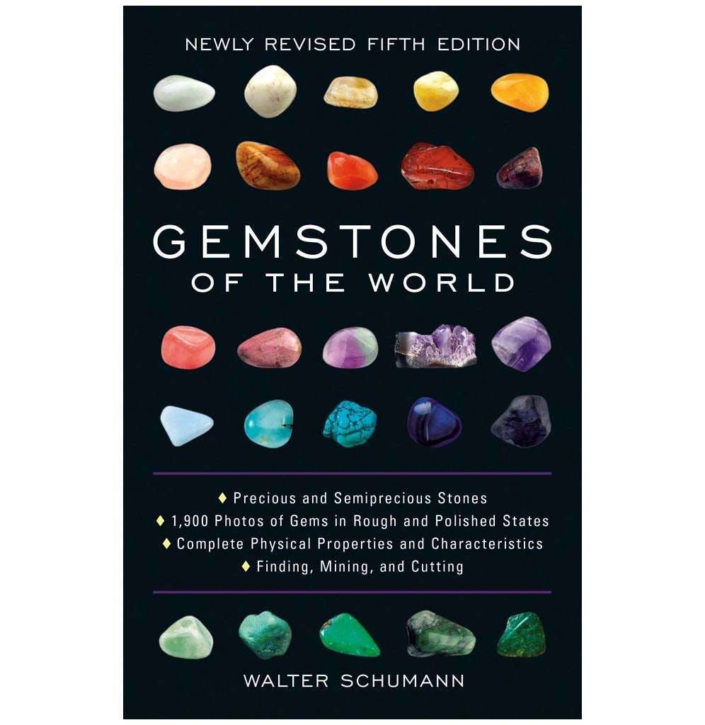 "Gemstones of the World" is a hardcover book with black with five rows of minerals across the front alternating with text. 