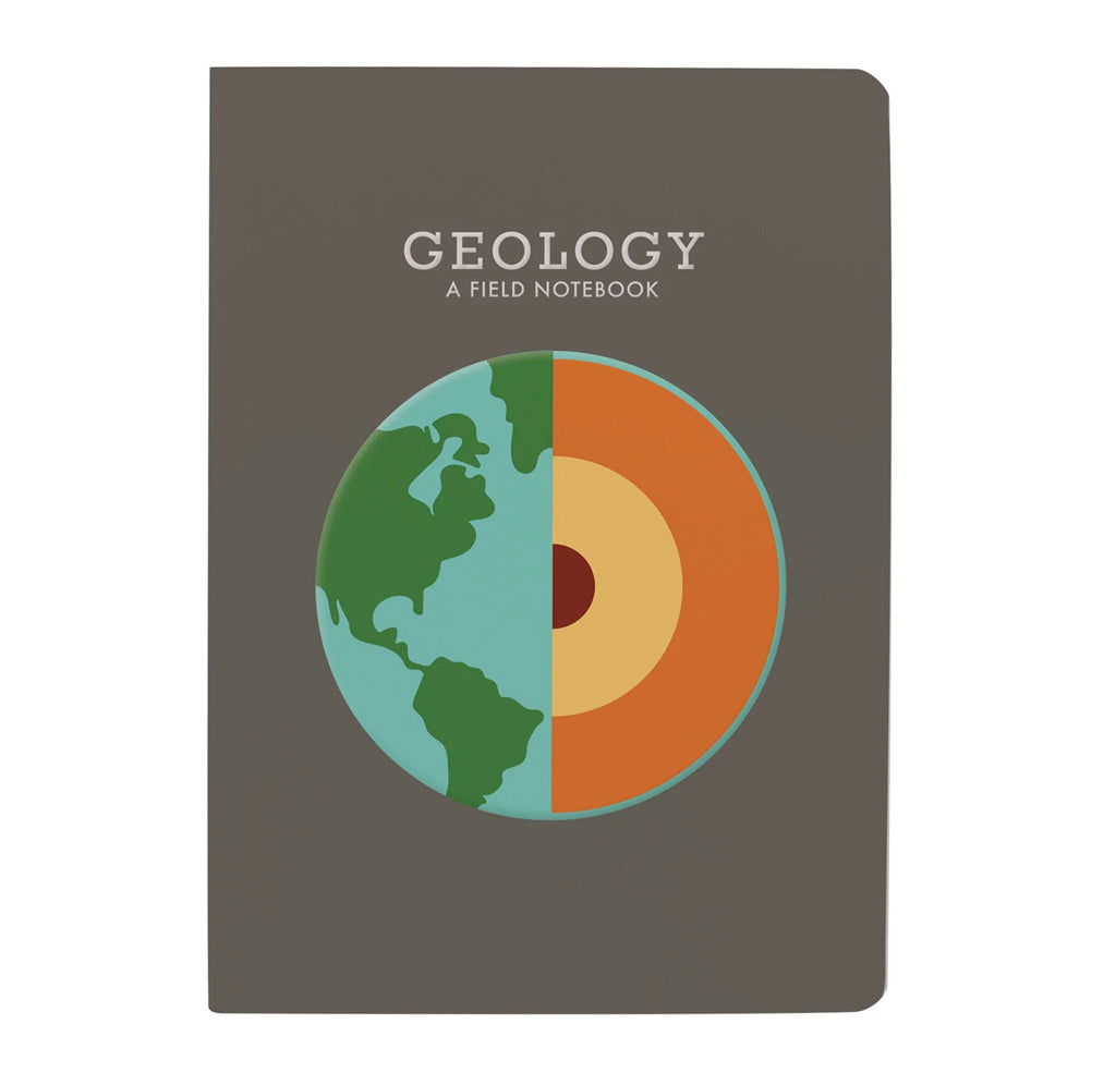 A softcover journal with a brown cover and an image of planet Earth in the middle is divided in two, with the outer planet on the left and the different core layers of the earth on the right. 