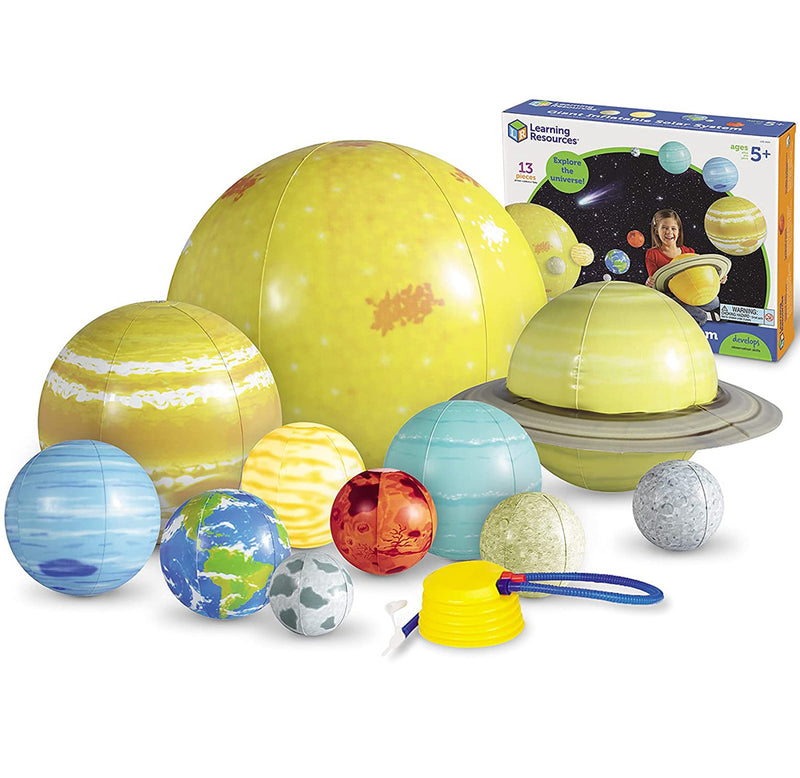 Eight inflatable planets,  with the Moon, Pluto,  the Sun, product box, and pump.