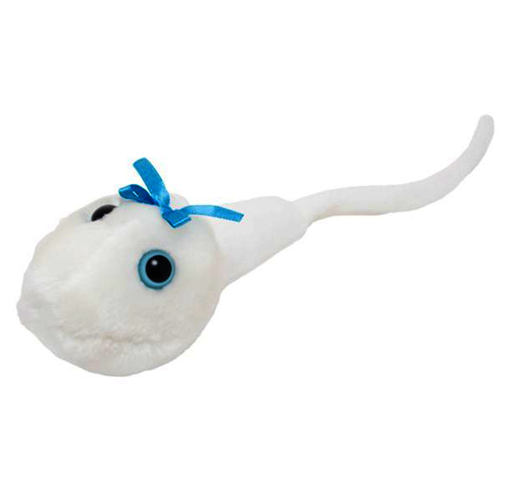 A white plush giant sperm cell with two blue eyes on either side of the head and a blue bow.