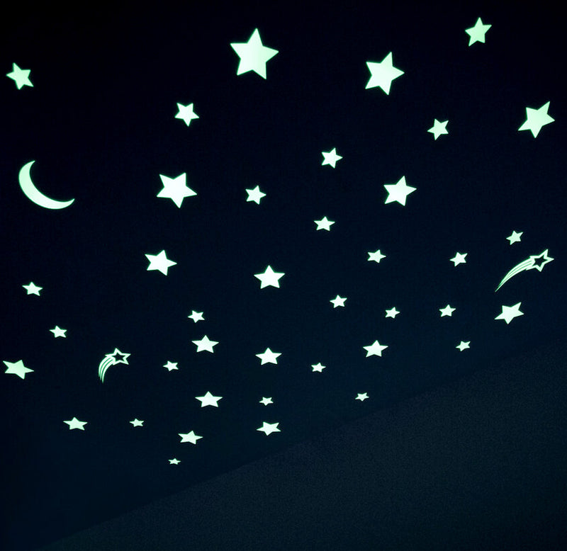 Glow-in-the-dark stars and moon against a dark ceiling.