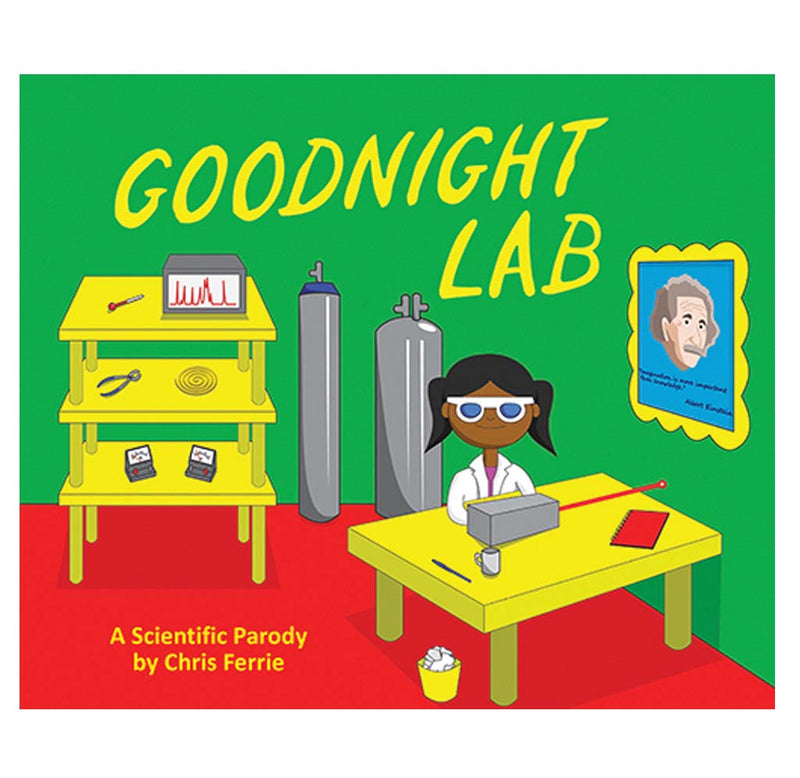 A hardcover book with a colorful illustrated image in green, blue, white, brown, black, and red of a young girl sitting at a table in her science lab.