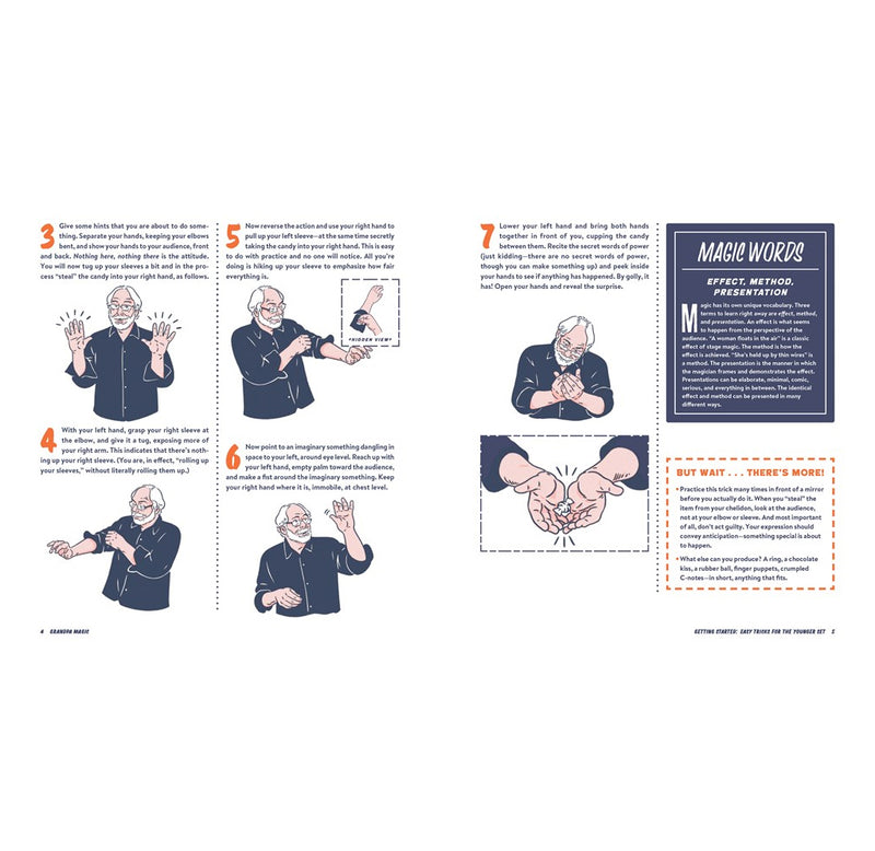 Several different illustrations show magic trick demonstrations involving hand gestures, rolling up sleeves, and revealing a hidden item in outstretched hands.